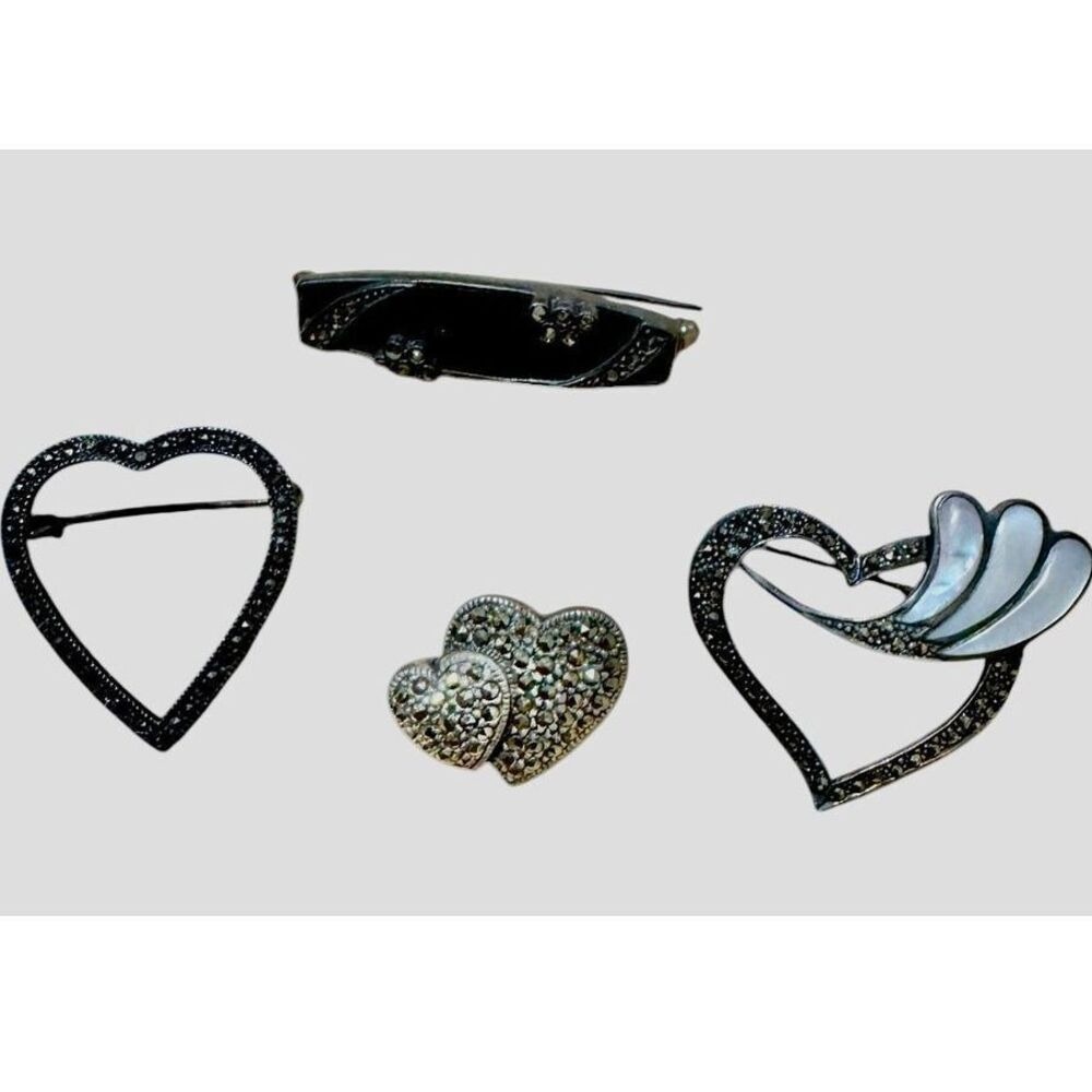 Vintage Heart Shaped Brooch Collection Marcasite & Mother of Pearl Romantic Set